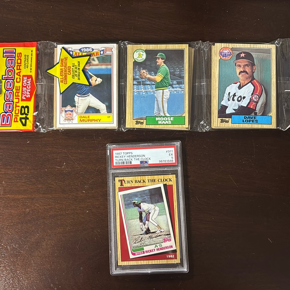 1987 topps Rickey Henderson PSA + 1987 topps rackpack with 49 cards